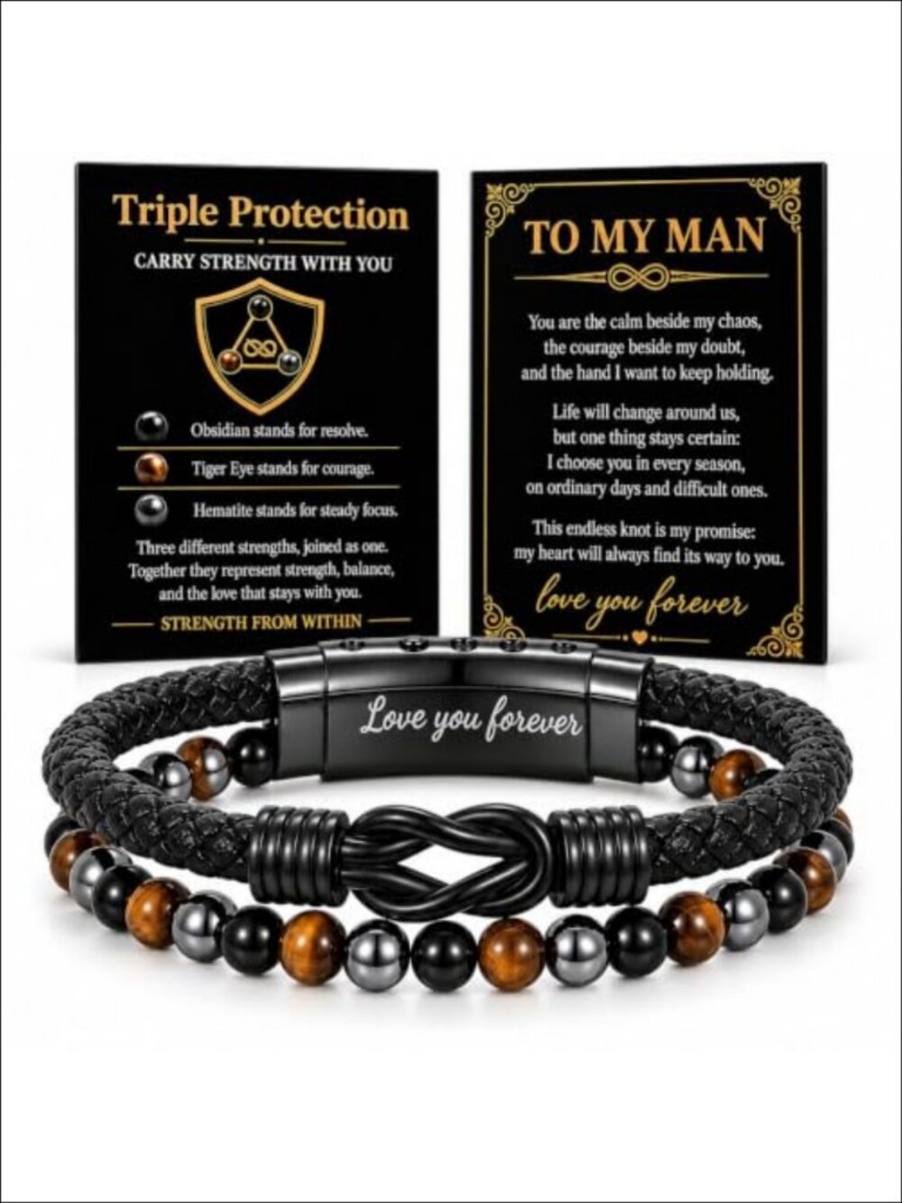 Tiger Eye Beaded Leather Bracelet Mens Protection Gift One Size